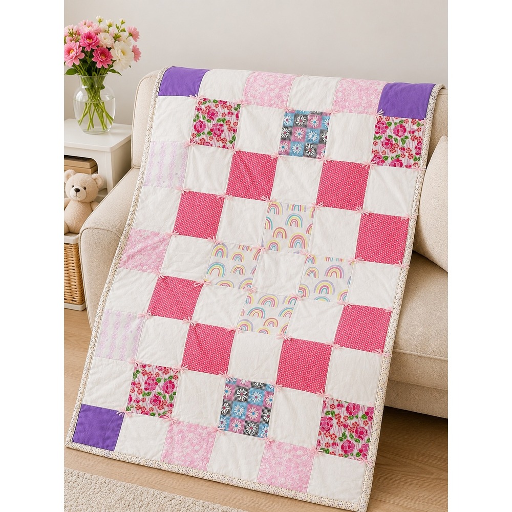 Handmade Pink Floral Rainbow Patchwork Tied Quilt Blanket Cottagecore 40x50